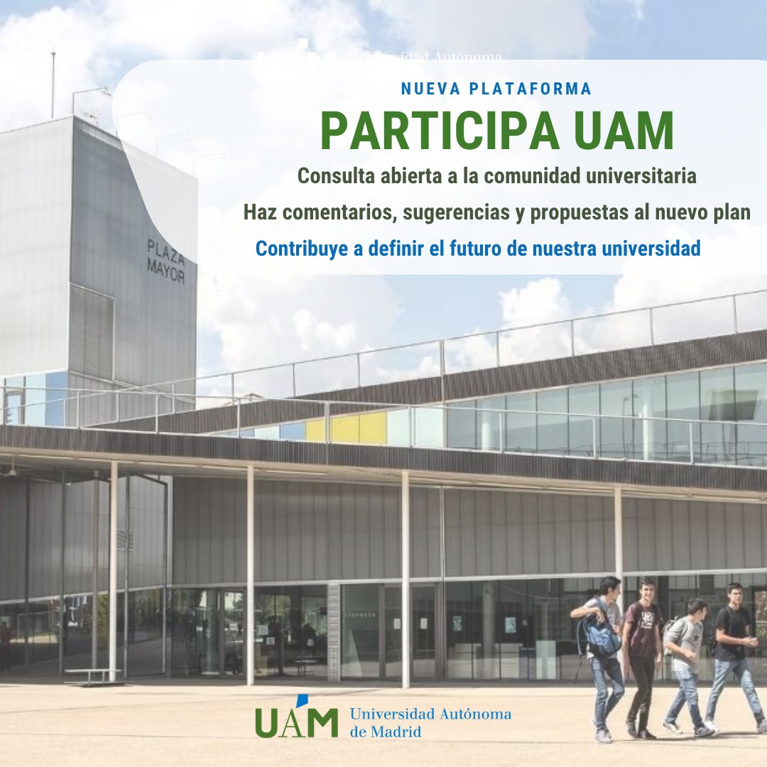 UAM_Madrid's tweet photo. UAM FUTURO 2026-2031 | Tu voz construye universidad
 
Hace seis meses comenzamos a diseñar el futuro de la UAM. Hoy abrimos una consulta pública para que toda la comunidad universitaria pueda aportar su visión al Plan Estratégico 2026-2031.
 
📣 Participa UAM, una plataforma para impulsar el diálogo y la construcción colectiva en nuestra universidad.

🔗¡Participa! https://t.co/gMkt8kYBJK

ℹ️ Más info:  https://t.co/CwSMfjGwwb