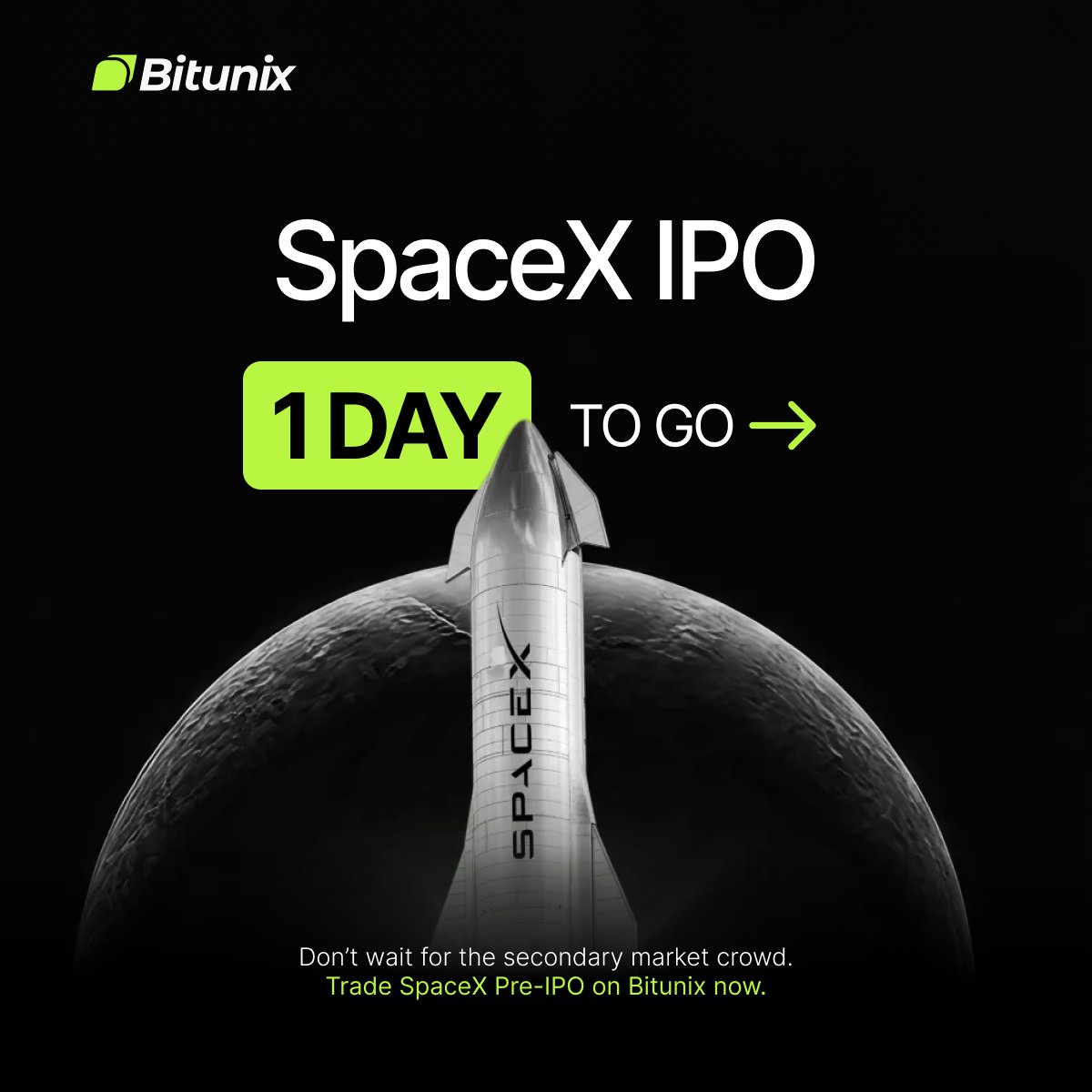Bitunix_Africa's tweet photo. SpaceX's IPO is already 4X oversubscribed.

Tomorrow is the official IPO date, and the window to get in before listing is almost closed.

➡️ Join $SPCX on Bitunix Pre-IPO now: https://t.co/o0KueCwbiv https://t.co/RWw8WlvN2B