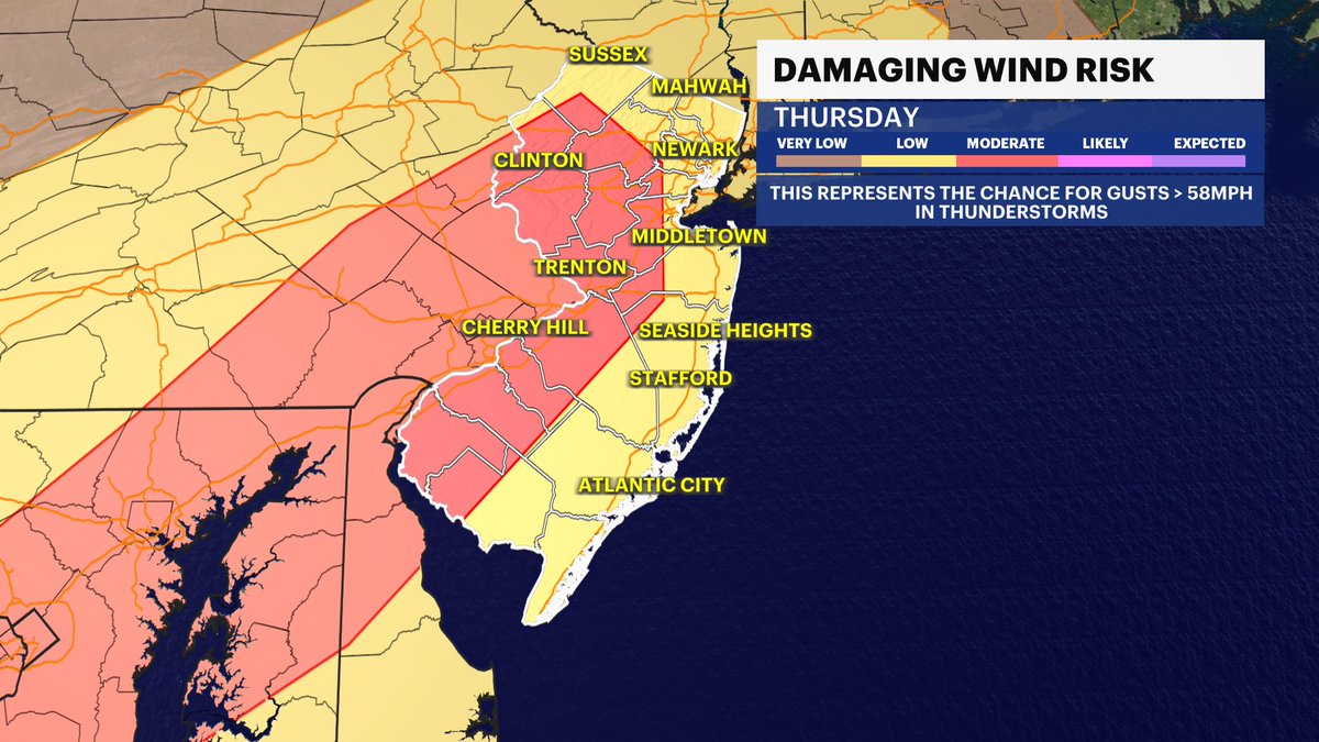 Meteor_Mike's tweet photo. ⚠️Severe storms this evening with some starting as early as 5PM, ending near 11PM

Main threats: 
- Damaging winds (60mph+)
- Hail
- An isolated tornado can't be ruled out

Highs 94-98 (feels like 100-105)

When thunder roars, head indoors! 
@News12NJ #NJwx https://t.co/HrlA8ktOiY