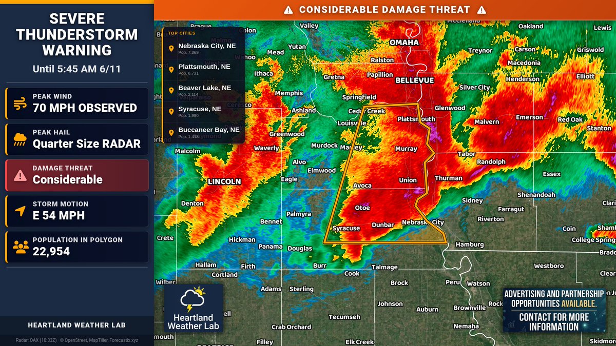 HeartlandWxLab's tweet photo. Severe Thunderstorm Warning remains in effect for Cass and Otoe, NE until 5:45 AM. 70 mph wind gusts and 1.0" hail. Hail/trees/roof damage possible. Move to an interior room on the lowest floor; stay away from windows. https://t.co/hw3nlq5kmb