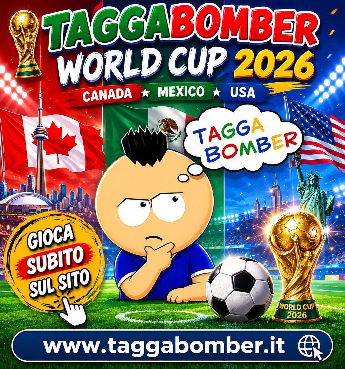 TaggaBomber's tweet photo. Inizia il #Mondiale, inizia il gioco dei bomber. Indovina i goleador di ogni partita, sfida i tuoi amici, scala le classifiche. Si inizia con #messico #sudafrica. Gioca gratis! #11giugno https://t.co/8Q359GT0wC