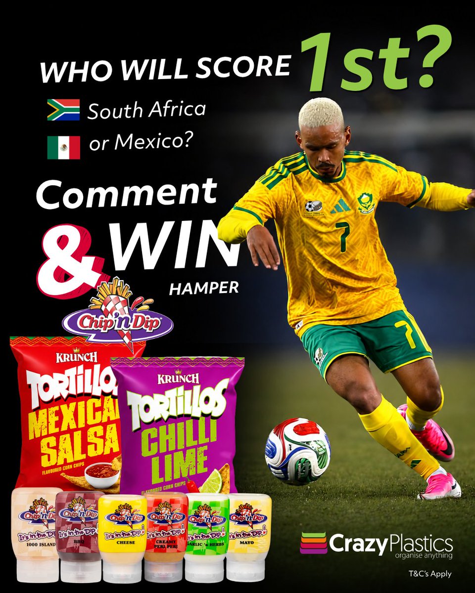 CrazyPlasticsSA's tweet photo. ⚽ WHO WILL SCORE FIRST? ⚽

🇿🇦 South Africa 
or
🇲🇽 Mexico

Comment your prediction below for a chance to WIN a Chip 'N Dip Hamper 

🏆 Winner selected at random from correct predictions.
⏰ Entries close at kick-off tonight. T&C's Apply. 
⚽ GOOD LUCK @BafanaBafana 

#FIFAWorldCup #BafanaBafana #WorldCup2026