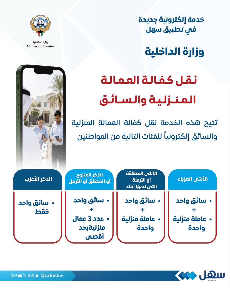 sahelkw's tweet photo. #وزارة_الداخلية تطلق
خدمة إلكترونية جديدة في تطبيق #سهل
 
"نقل كفالة العمالة المنزلية والسائق"

حيث تتيح هذه الخدمة نقل كفالة العمالة المنزلية والسائق إلكترونياً لفئات من المواطنين

"@Moi_kuw 
#Sahel
#الكويت https://t.co/3nwb2pezx7