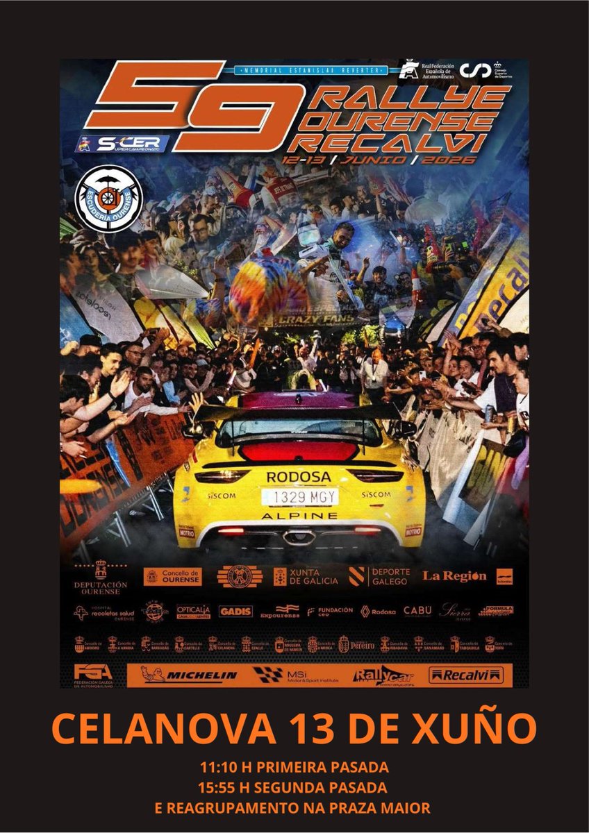 ConCelanova's tweet photo. 🚗💨 CELANOVA ACOLLERÁ O 59
RALLYE OURENSE 💨🚗
Este sábado, 13 de xuño, estradas do Concello serán protagonistas do tramo cronometrado A Merca-Celanova. E a PRAZA MAIOR acollerá o
control horario e reagrupamento:
🕐 11:10 h Control horario
🕑 15:55 h Control e reagrupamento https://t.co/misykcJIg7