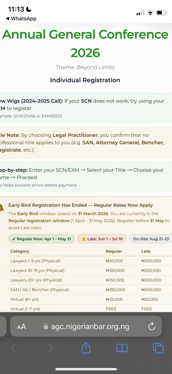 titoesq_'s tweet photo. A question for @NigBarAssoc and @afamosigwe.

How does registration for a conference scheduled for 21–28 August 2026 become “late registration” as early as 11 June 2026?

And why does that trigger a 300% increase in registration fees for young lawyers?

Thread. 🧵 https://t.co/73vk2Qmqsv
