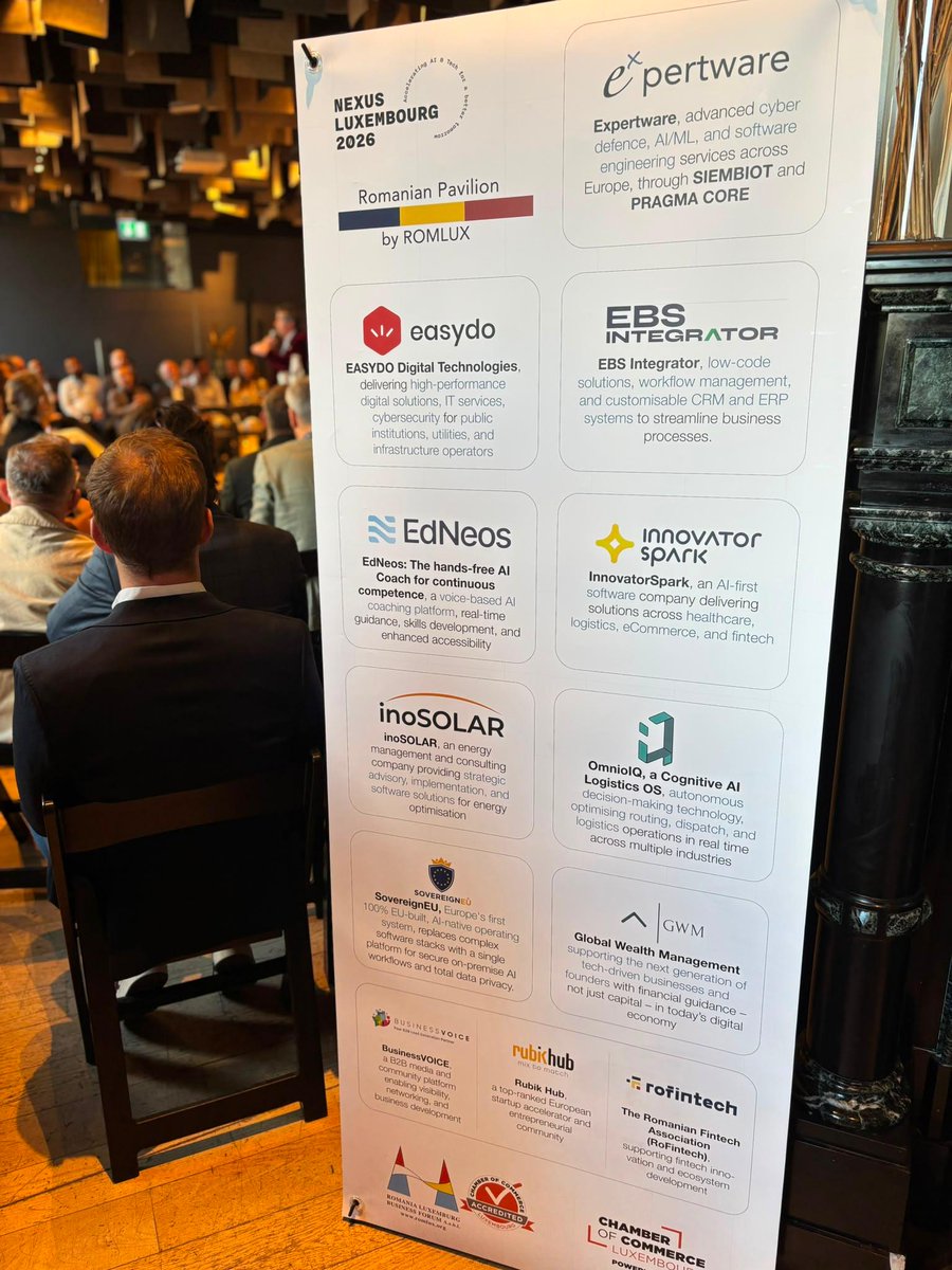 EmbassyROinLU's tweet photo. 8 companii din România 🇹🇩 au prezentat soluțiile din inovație și tehnologie la standul României 🇹🇩organizat de @RomLux_Asbl în fața unei audiențe de 10.000 de participanți din 50+ țări, la #NexusLuxembourg2026. https://t.co/at6CFaCMhe