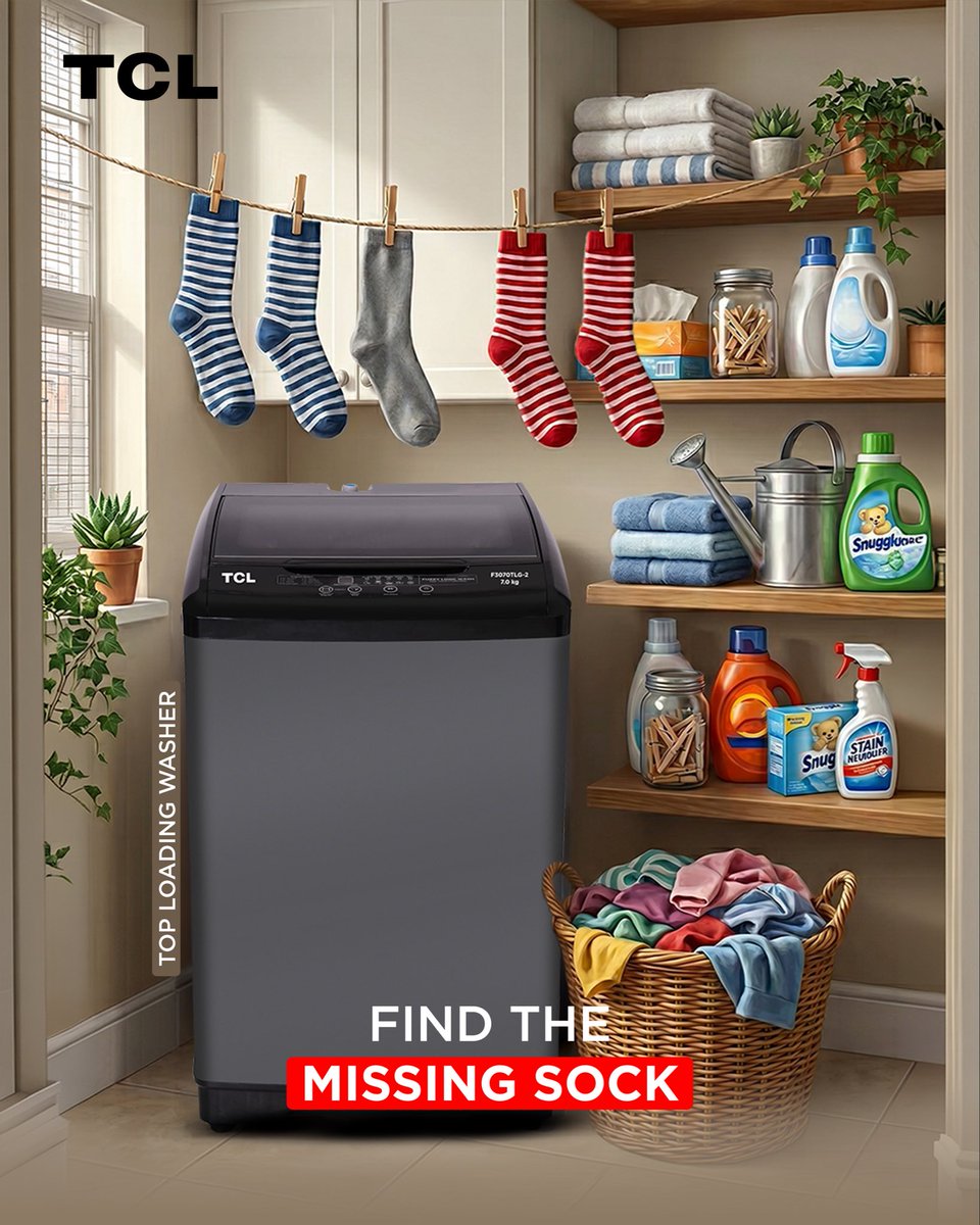 tcl_india's tweet photo. 🧦 Find the Missing Sock Challenge!
Can you find where it's hiding?

🔍 Look carefully
💬 Stuck? The pinned comment might help.

Comment "Found it!" when you crack the case.

#tclIndia #gamepost #washingmachine #laundrycare #funactivity

(fun activity, TCL India, Washing machine, HiddenObjectGame, Laundry day)