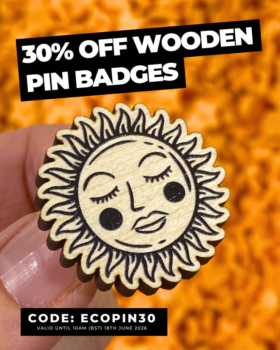 ZapCreatives's tweet photo. Get 30% OFF wooden pin badges! Use code: ECOPIN30 at checkout! 🛒 *Offer valid until 10am (BST) 18th June 2026! Be quick!

Click here to enjoy this offer >> https://t.co/YR37XcsCv7

#pins #wooden #merch #discount #pinbadge #eco #artist #custom #printing #smallbusiness #pin #wood https://t.co/ZQiv9Vb9tQ