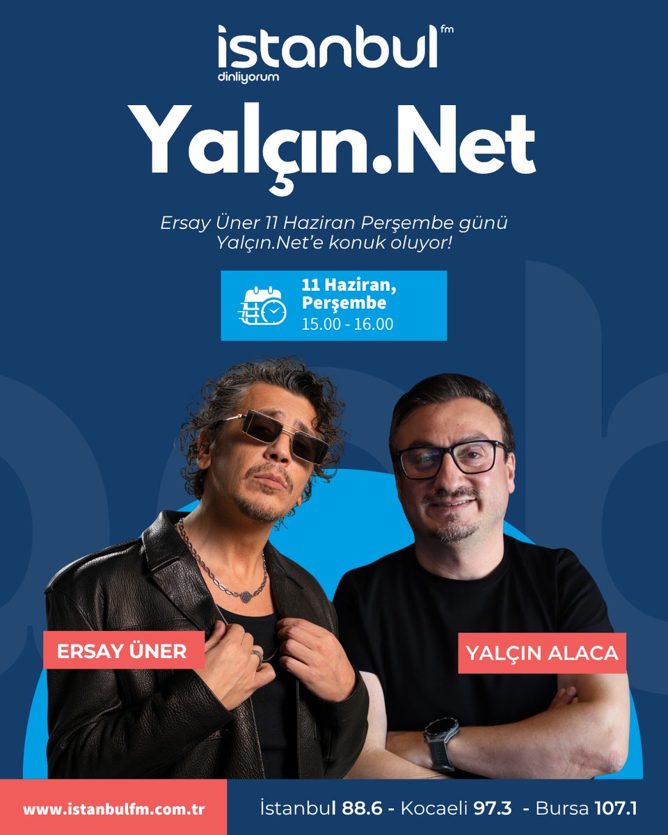 YalcinAlaca's tweet photo. Bugün saat 15:00'da İstanbul Fm'de canlı yayın konuğum Ersay Üner olacak.
Kaçmaazz 🎧
İstanbul : 88.6

https://t.co/hjQx1LbnZB https://t.co/p32x8zCZWx