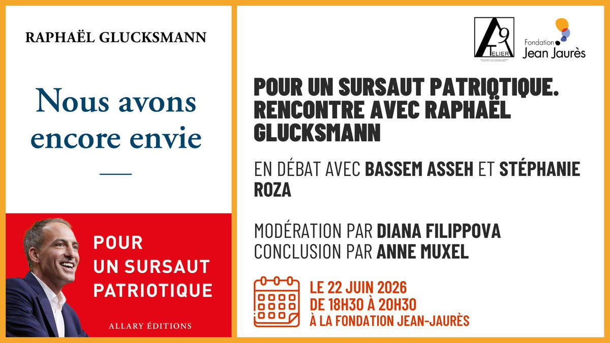 j_jaures's tweet photo. 🔴 Débat autour de l'essai de @rglucks1 ! 

Il viendra échanger avec @3asseh et Stéphanie Roza, en présence d'@AnneMuxel, pour une discussion sur les enjeux soulevés dans l'ouvrage. 

📆 Le 22 juin à 18h30
📍 À la Fondation Jean-Jaurès 
✅ Inscriptions : https://t.co/oPEQ2pdWDF https://t.co/VW2u3RsaB0
