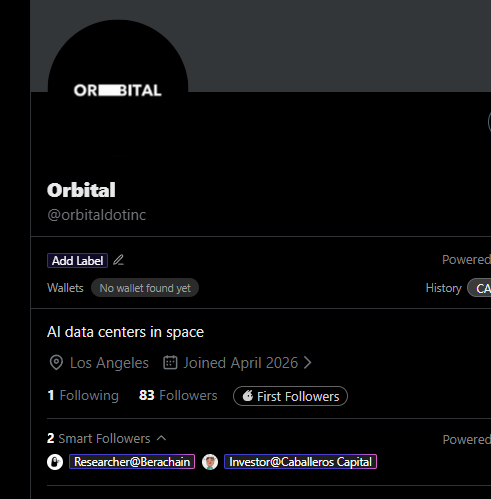 Felixonchain's tweet photo. @yatharthmann
 followed by elon musk and p marca etc just followed a new company called 
@orbitaldotinc
 that will do data centers in space isnt this gonna be giga? https://t.co/6XMyooOHoI