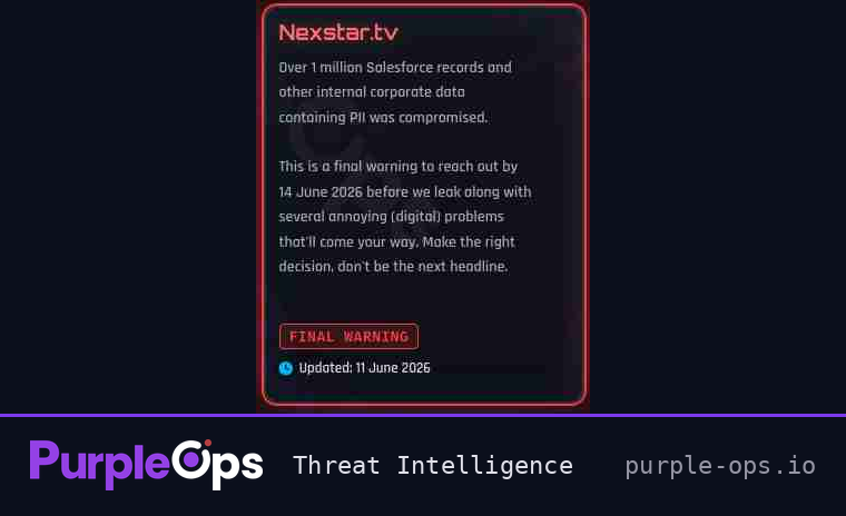 PurpleOps_io's tweet photo. SLSH has listed Nexstar on its leak site, claiming over a million Salesforce records and internal corporate data from the largest local-TV operator in the US. It is the same Salesforce data-theft thread running through the group's recent targets, Charter, BCD Travel and Cushman among them. A final warning with a 14 June deadline, no data published yet.
