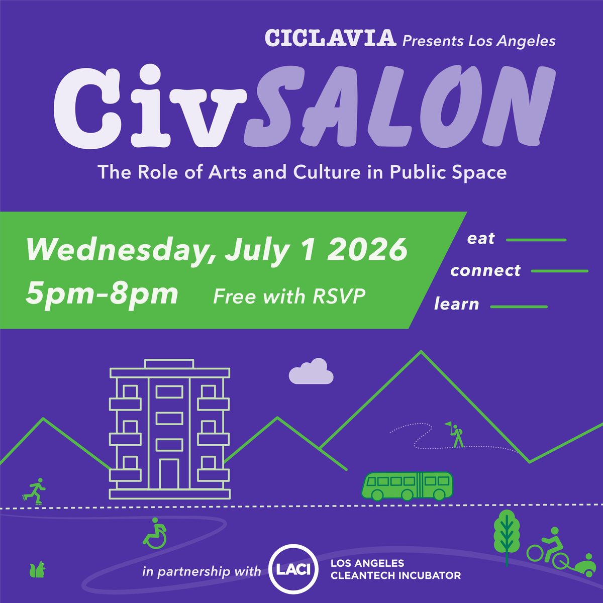 CicLAvia's tweet photo. Join us for an inspiring conversation on how art transforms public spaces. Discover how leveraging creativity can solve civic challenges, foster belonging, and redefine the way we experience our cities.

7/1/26
5-8pm
Location: DTLA
FREE with RSVP 
https://t.co/iEyUXJFK1h https://t.co/nxBY7eNHai