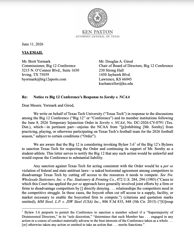 PeteNakos's tweet photo. From the letter: "Should the Big 12 seek. to sanction Texas Tech for acting consistent with the Order, Texas Tech will pursue all legal avenues to protect its interests and those of Texas Tech’s student-athletes."

https://t.co/Q8ap2Ezie4 https://t.co/gAE15NqykH