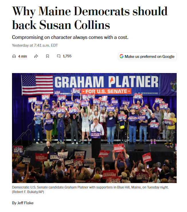 NoLabelsOrg's tweet photo. Some choices are bigger than party.

That’s the case @JeffFlake makes in this must-read Washington Post op-ed, urging Maine Democrats to put character over partisanship and back @SenSusanCollins. https://t.co/mNLLU0Vod7