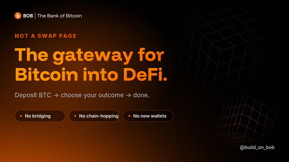 defigod_eth's tweet photo. People keep framing @build_on_bob Gateway as "cheaper BTC swaps." That's underselling it hard.

The real product is simplicity. Right now using BTC in DeFi means bridge → wrap → hop chains → find a vault → deposit. Five steps, four of them can break.

BOB's version: deposit BTC → choose what you want → done.

That's not a swap page. That's the gateway for Bitcoin into DeFi.