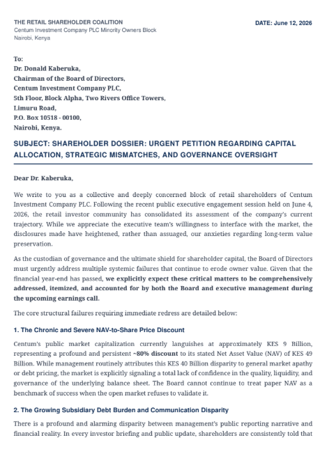 BoardLotSultan's tweet photo. 🚨 UPDATE ON CENTUM PLC 🧵 
Following extensive consultations across our retail investor blocks, shareholders have officially resolved to escalate core capital allocation and governance grievances directly to the Chairman of the Board, Dr. Donald Kaberuka.

We have sought an audience with him through a detailed policy petition. 
We explicitly expect these systemic issues to be accounted for in the upcoming earnings call. The oversight stops with the Board. 📄👇

#Centum #NSE #CorporateGovernance #RetailInvestors