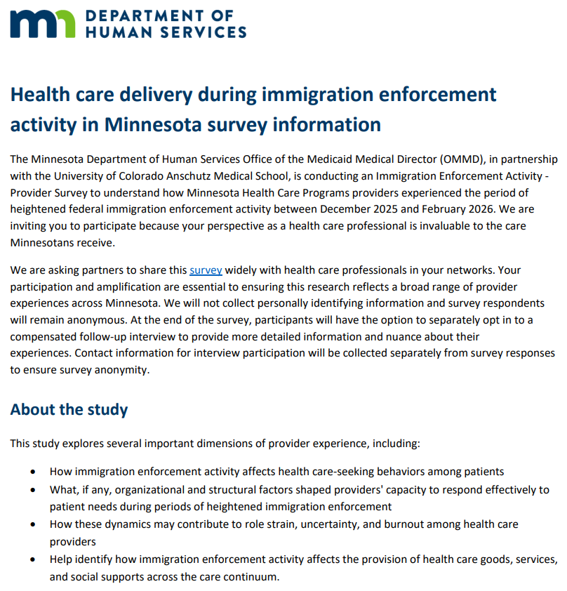 CrimeWatchMpls's tweet photo. Submitted: "MN DHS has just started their full scale investigation into how much money was spent on the 'ICE Presence.' The weekly communication from MN DHS includes a link for healthcare providers to complete the survey.  Please note, MN DHS is spending money on investigating the 'impact'."
**
The sender is a healthcare provider who wished to remain anonymous due to fear of retaliation by the state.