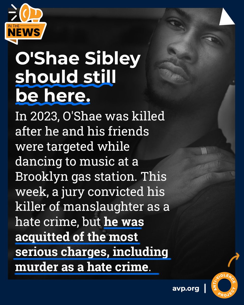 antiviolence's tweet photo. O'Shae Sibley should still be here. Following the verdict in O'Shae's case, AVP’s Executive Director, Audacia Ray, spoke with News 12.
 
You can reach our bi-lingual 24/7 hotline at 212-714-1141 
Report violence at any time through our online form https://t.co/WfQXl4Fmxh https://t.co/0JXzWKSjQc