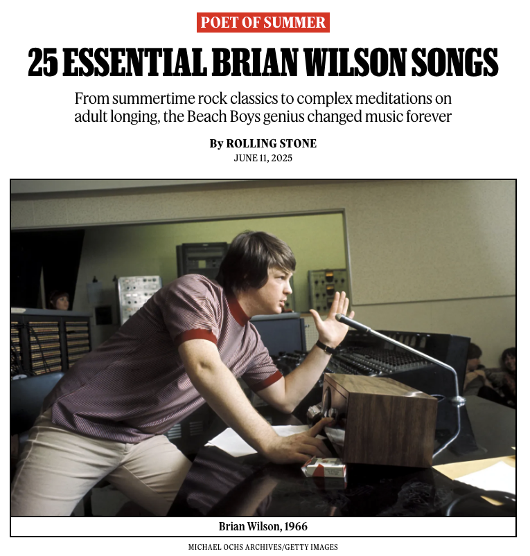 RollingStone's tweet photo. On the one year anniversary of Brian Wilson’s death, honor the musician’s memory by listening to the songs on our list. 

🔗 https://t.co/NdUgk09rJr https://t.co/G4UKN0pafg