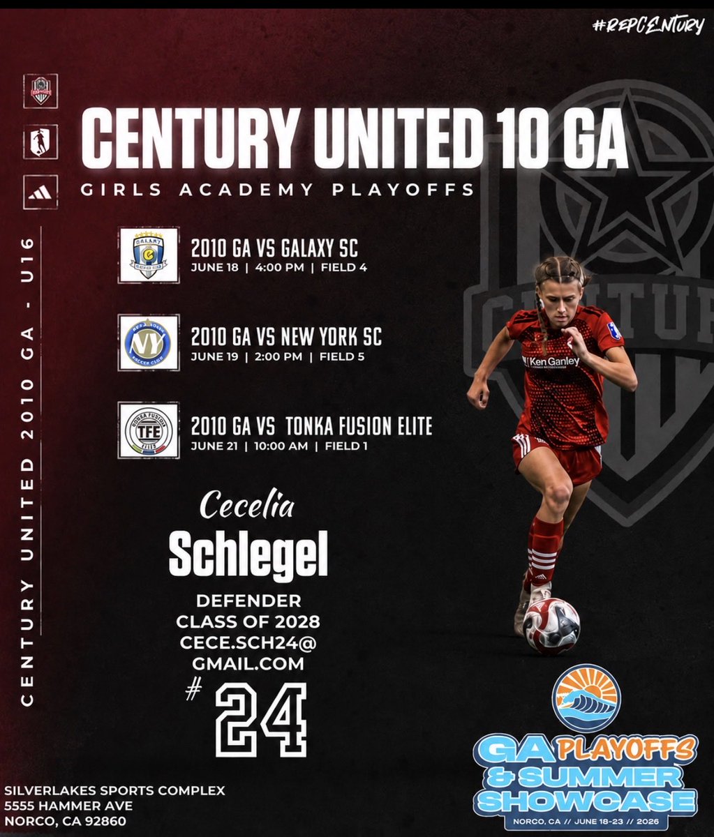 CeceSchlegel's tweet photo. Looking forward to the @GAcademyLeague playoffs in California next week.  Come watch our @Century_Utd 2010 GA team! https://t.co/woOb82rxNa