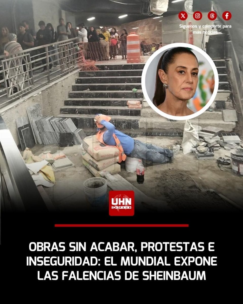 UHN_Plus's tweet photo. 🇲🇽‼️| México tuvo ocho años para preparar su Copa del Mundo, pero evidentemente no está a la altura de las circunstancias. Obras públicas sin terminar, protestas en las calles por la inmensa cantidad de desaparecidos y una inseguridad incontrolable. El Estadio Azteca culminó su remodelación sobre la hora y la Copa del Mundo expone todas las fallas que tiene el gobierno mexicano. “Aquí no hay caos, no hay tensión social”, apuntó Sheinbaum.