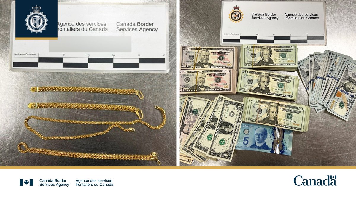 Photos of seized undeclared currency and gold jewellery on a countertop.