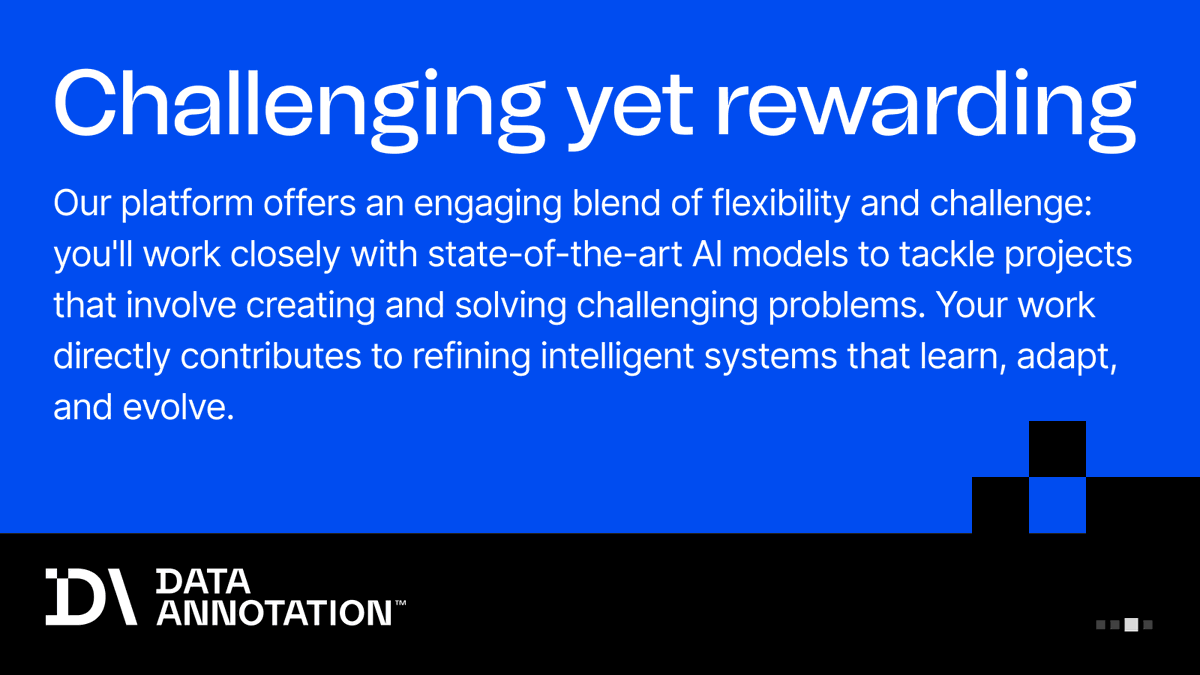 Data_Annotation's tweet photo. Most AI training platforms offer remote work. Few offer work that actually fits your life — and rewards you for the expertise you bring to it.

No signup fees. No minimum hours. No check-in culture. Work matched to your actual skill level.

See what DataAnnotation can do for you. https://t.co/uKfK8jQZ8a