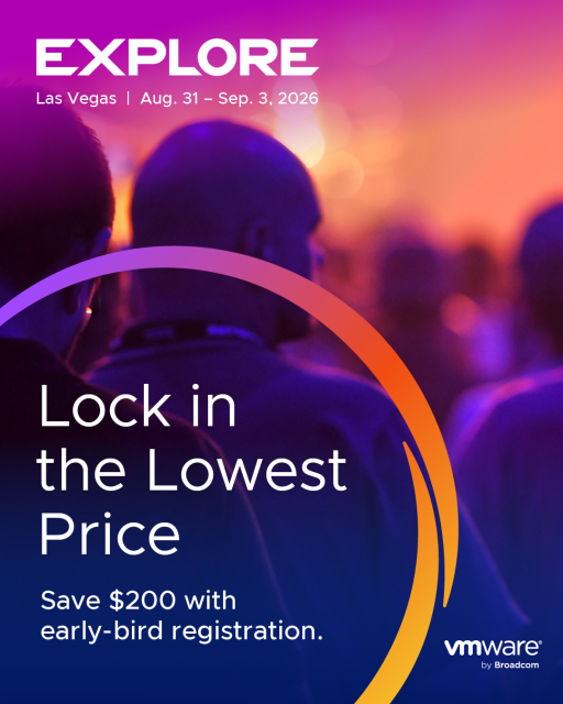 VirtualLukeG's tweet photo. Lock in your early-bird discount for #VMwareExplore 2026! Save $200 before June 17 on the established private cloud event of the year: https://t.co/qp3n3x7rb3 https://t.co/L4qswmiQ6D