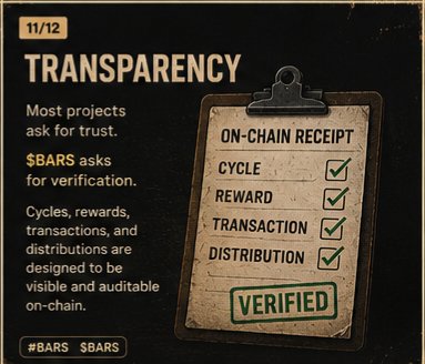 Vincentoffcl's tweet photo. 🧵11/12 — Transparency

Most projects ask for trust.

$BARS asks for verification.

Cycles, rewards, transactions, and distributions are designed to be visible and auditable on-chain.

#BARS $BARS https://t.co/XdN42go0Ib
