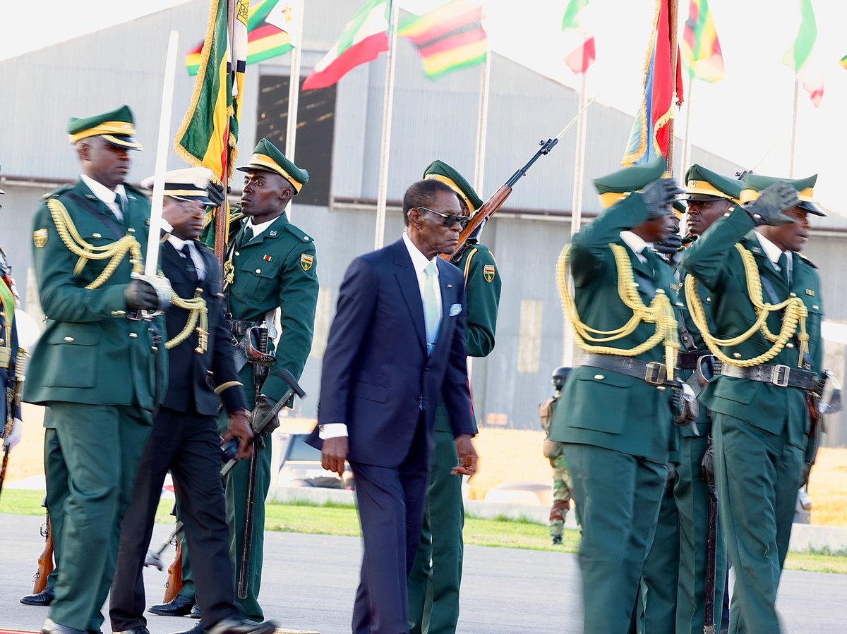 edmnangagwa's tweet photo. It is our great honor to extend a warm welcome to His Excellency President Teodoro Obiang Nguema Mbasogo of Equatorial Guinea, who has arrived at the Robert Gabriel Mugabe International Airport for a historic two-day State Visit. 

This visit represents a significant milestone in fortifying bilateral, economic, and cultural relations between Equatorial Guinea and Zimbabwe. Collectively, we are dedicated to unlocking fresh avenues for trade, investment, and pan-African collaboration that will yield mutual benefits and prosperity for both nations.
