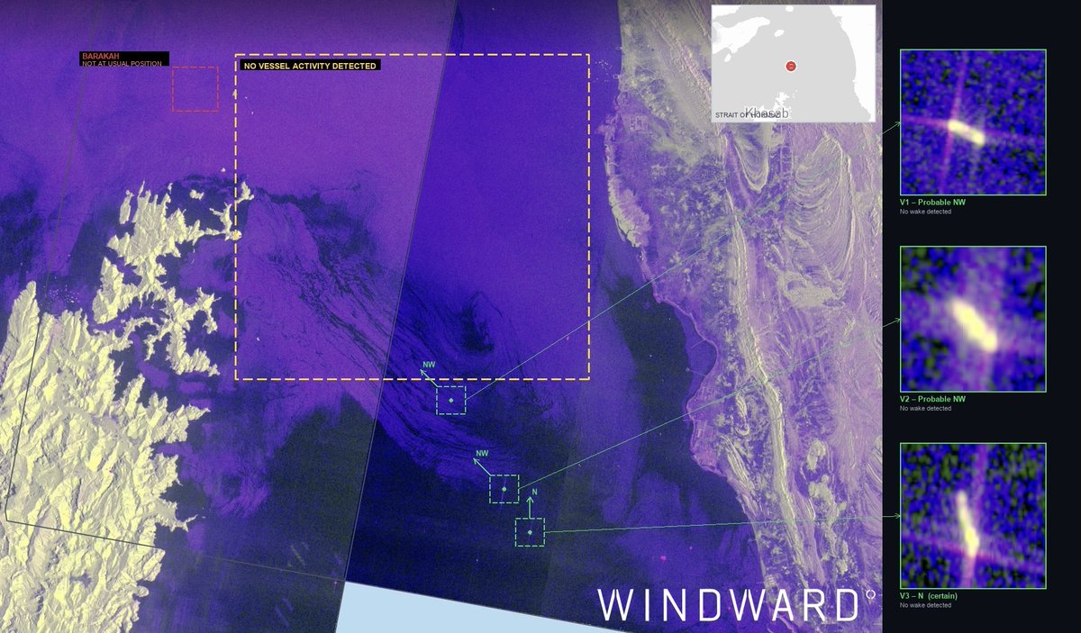 WindwardAI's tweet photo. As CENTCOM and the IRGC issue conflicting claims about the Strait of Hormuz, Windward's MSI analysis from 02:10 UTC today assessed three vessels transiting dark through the deep-water channel (two northwest, one north at high confidence).

AIS tells a similar story: five total transits recorded across June 10–11 (four outbound coastal cargo vessels under 80m, one inbound general cargo).

When the narratives diverge, vessel behavior is where the picture becomes clearer.

https://t.co/JzPRTLcPrC