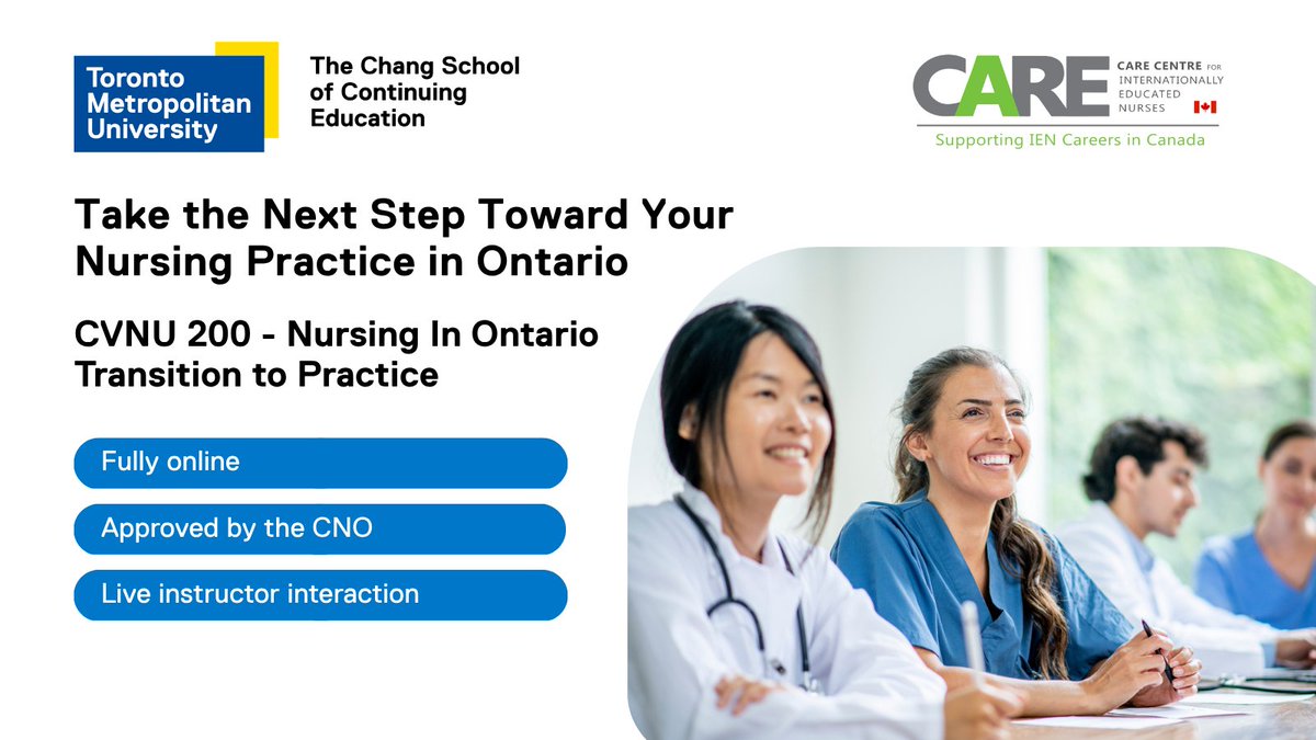 care4nurses's tweet photo. Ready to complete your Transition to Practice requirement?

The CVNU 200 course from @ChangSchoolTMU supports internationally trained nurses as they prepare for professional nursing practice in Ontario and is approved by the CNO. 

Learn more: https://t.co/5X39nYAm2W https://t.co/1B6Fi5Ec6V