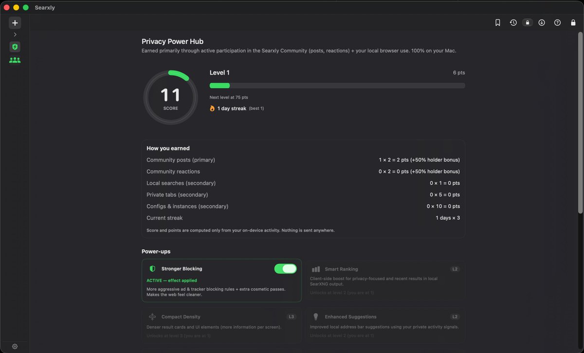 Searxly's tweet photo. Here's the first version of the Power Hub and Searxly Community we are building inside Searxly.

We are working on a native community experience directly into the app, paired with a reworked Privacy Power system that turns real participation into on-device progress and unlocks.

More details follow.