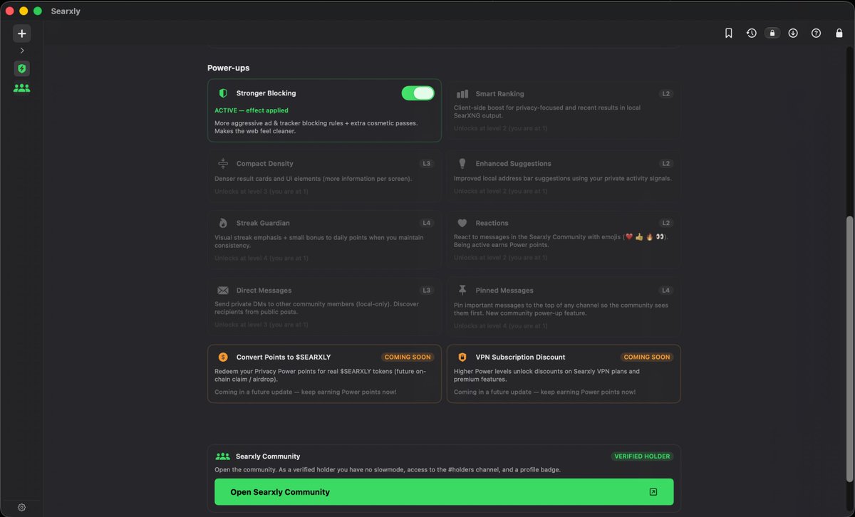 Searxly's tweet photo. Here's the first version of the Power Hub and Searxly Community we are building inside Searxly.

We are working on a native community experience directly into the app, paired with a reworked Privacy Power system that turns real participation into on-device progress and unlocks.

More details follow.