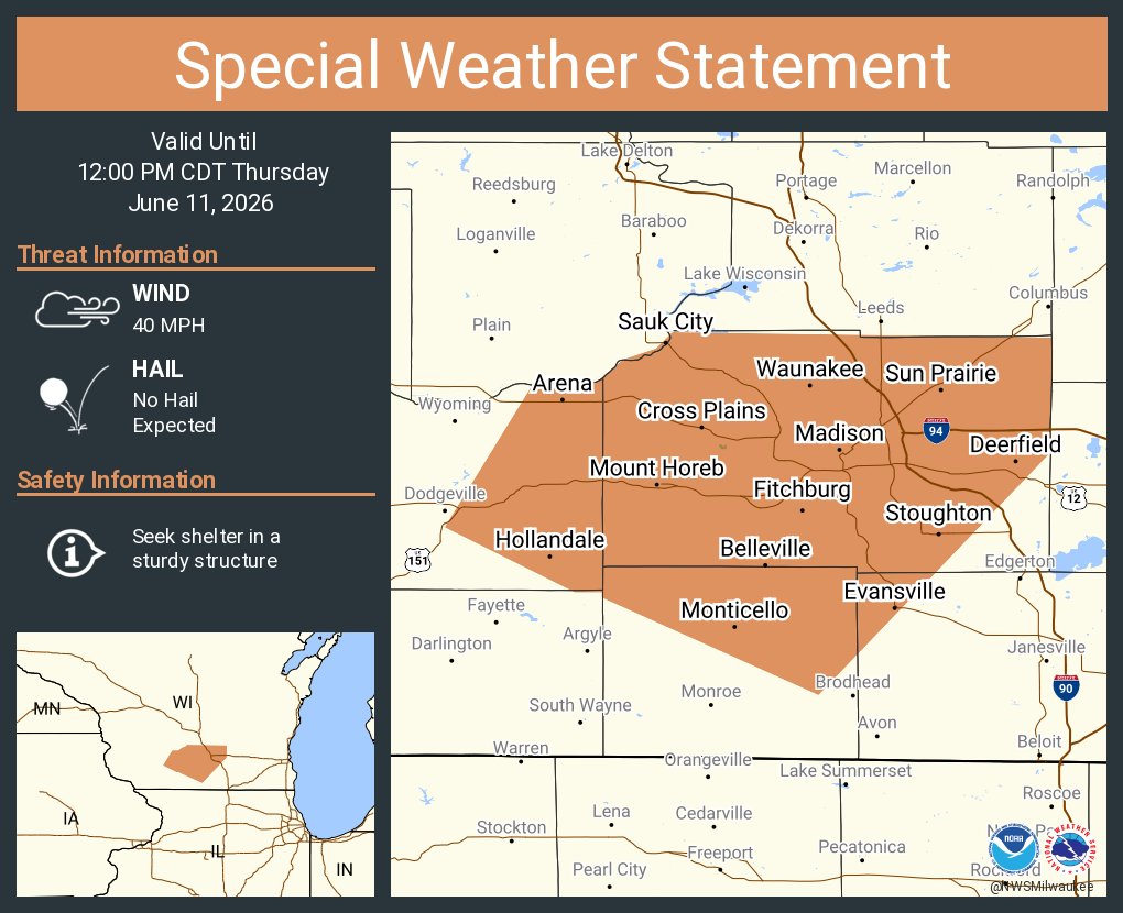 NWSMilwaukee's tweet photo. A special weather statement has been issued for Madison WI, Sun Prairie WI and  Fitchburg WI until 12:00 PM CDT https://t.co/ZVKUUPBe8Z
