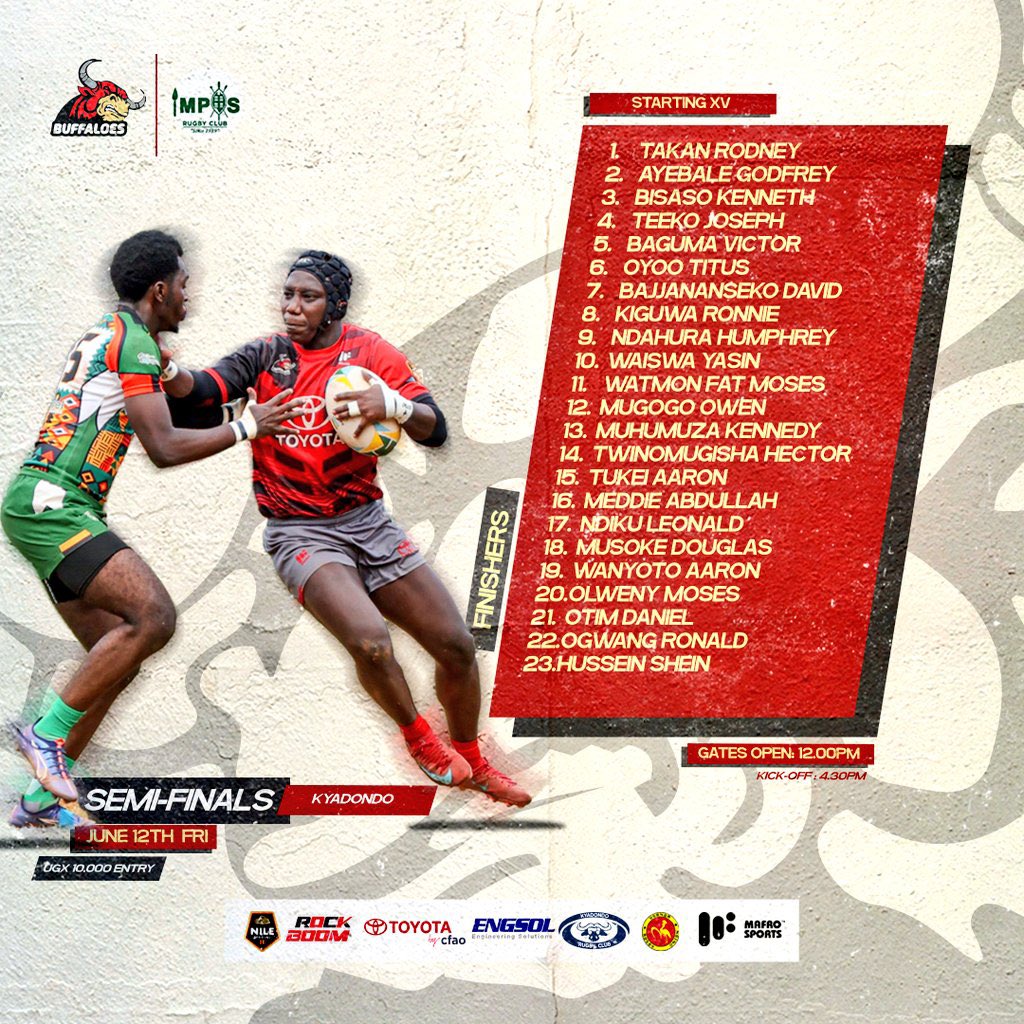 DBwaha's tweet photo. Squads for the last leg of the semifinal between @BuffaloesRFC and @ImpisRFC taking place tomorrow at Kyadondo at 4:30pm.

#AfricaRugbyWithDenise https://t.co/iaUHNjveFC