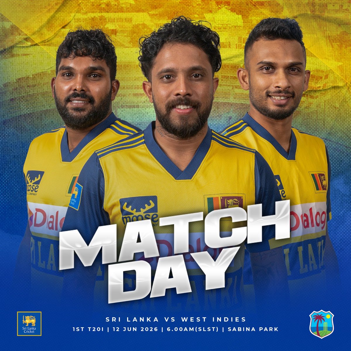 OfficialSLC's tweet photo. 🏏 The T20 action begins!

Sri Lanka 🇱🇰 vs West Indies 🌴
1st T20I | Tomorrow | 6:00 AM (SLST)
Ready for a thrilling start! 🔥

#SLvWI #SriLankaCricket #LionsRoar https://t.co/CvgJ9h8kIj