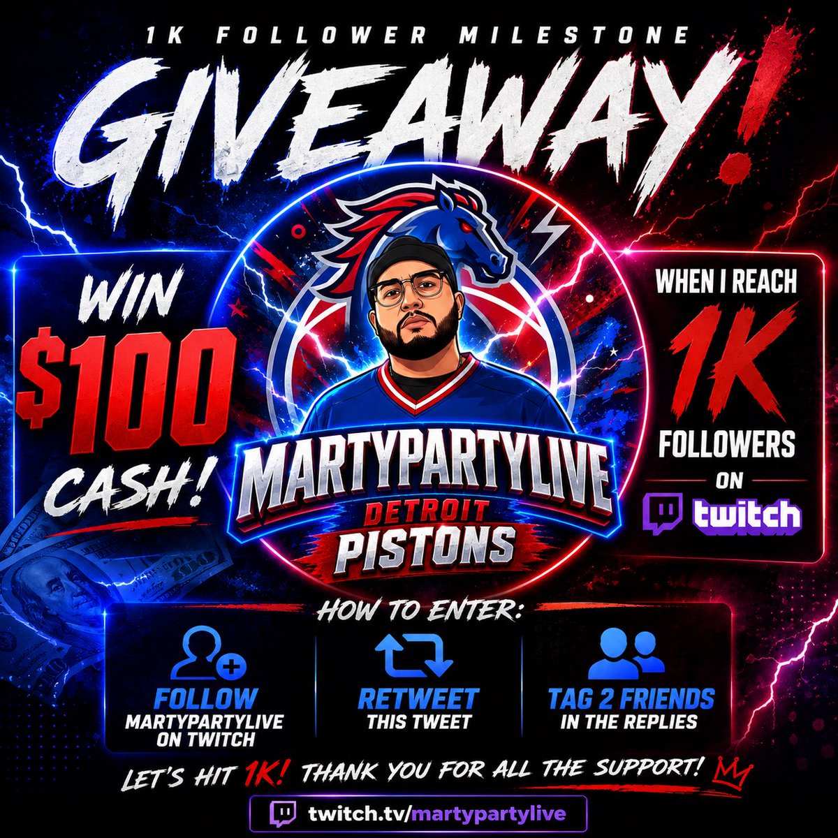 martypartylive's tweet photo. 🚨 $100 GIVEAWAY — ROAD TO 1K 🚨

We just crossed 500 followers… appreciate every single one of you 💯

Now we’re going ALL IN to hit 1,000 on Twitch — and I’m giving away $100 LIVE when we get there 💰

HOW TO ENTER:
✅ Follow: https://t.co/AfWsYWMxGH
And on X
🔁 Retweet
💬 Reply “DONE” + tag a friend (more tags = more entries 👀)

⚠️ Winner announced LIVE on stream — don’t miss it

If you’ve ever tapped in, you already know the vibes 😈

Let’s run this to 1K ASAP
#Giveaway #Twitch #RoadTo1K