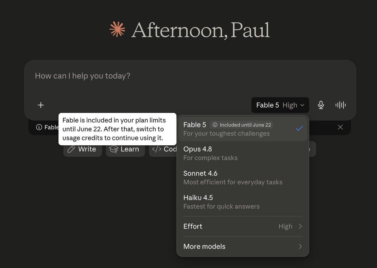 PaulSolt's tweet photo. So Fable 5 won't be usable on Claude Max plan after June 22nd?

What am I paying $100/month for? https://t.co/m70E87wxd7