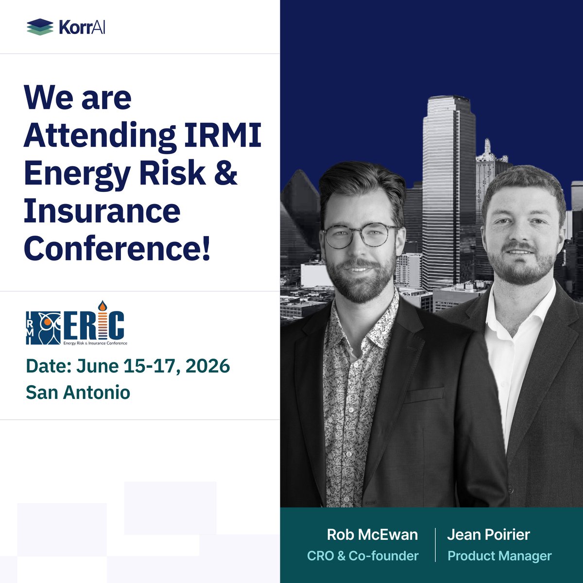 KorrAITech's tweet photo. The energy insurance market is shifting: parametric methods, carbon capture, renewables. We're heading to #IRMIERIC in San Antonio next week to be part of that conversation.  Rob &amp; Jean will be there sharing how KorrAI can help.

#energyrisk https://t.co/vLU3qgW1gJ