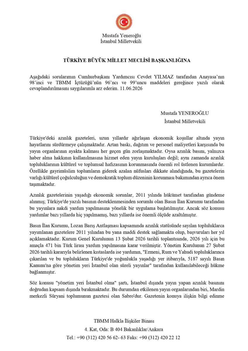 myeneroglu's tweet photo. Basın İlan Kurumu'nun Süryani toplumunun gazetesi Sabro’nun destek kapsamı dışında bırakması hk. Cumhurbaşkanı Yardımcısı Sn. Cevdet Yılmaz’a soru önergesi verdim.

"Sabro gazetesinin kapsam dışında bırakılması eşitlik ilkesine aykırıdır."

https://t.co/l9vbq3bPqj https://t.co/cgaPEmKWO7