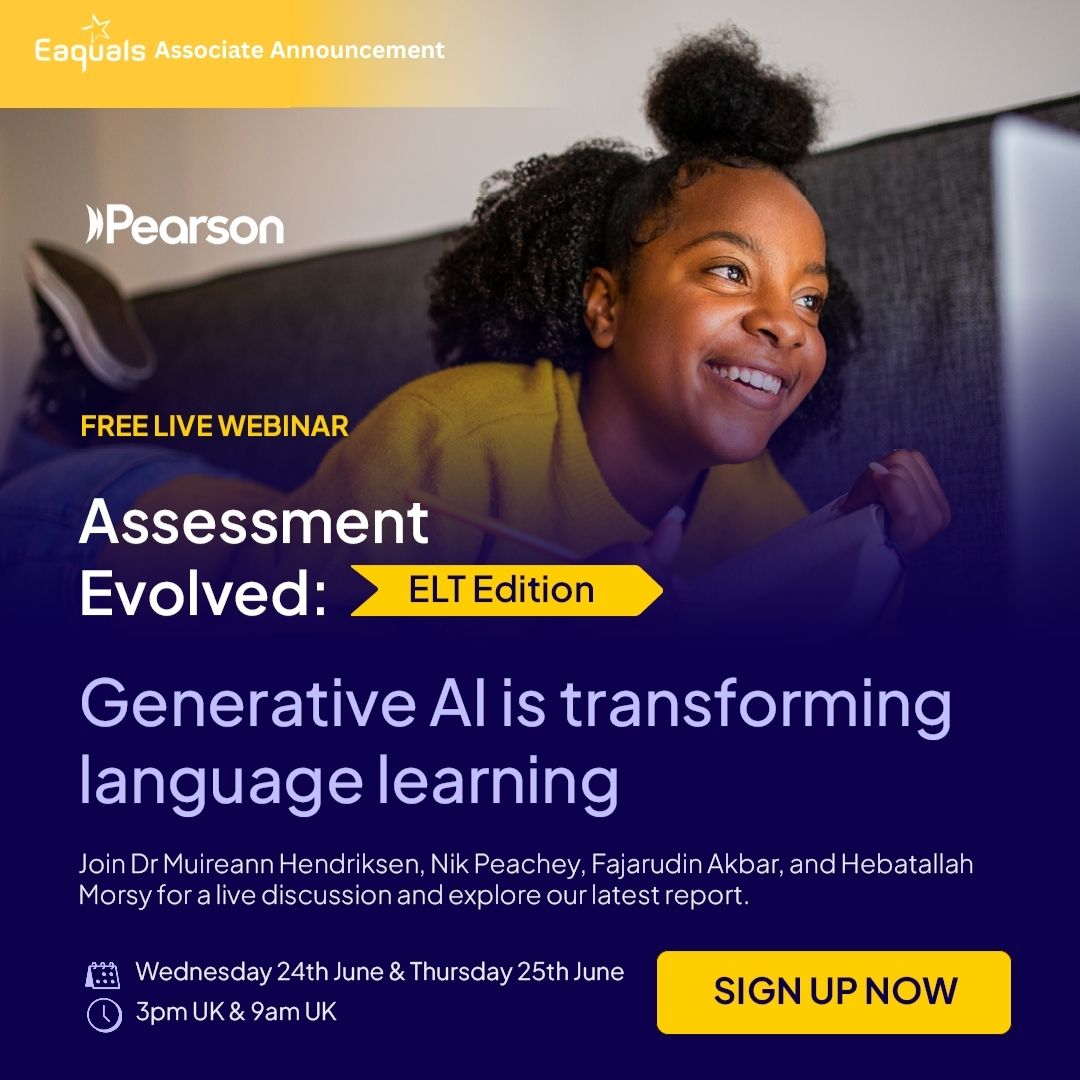 Eaquals's tweet photo. AI is disrupting language testing faster than schools can adapt. If AI can generate the answers how do we measure fluency?

Join Mike Mayor, Muireann Hendriksen, Nik Peachey &amp; more for a breakdown of @Pearson 's new report: Assessment Evolved.

Register: https://t.co/VajwAlsSSe https://t.co/EuOkkN2q1v