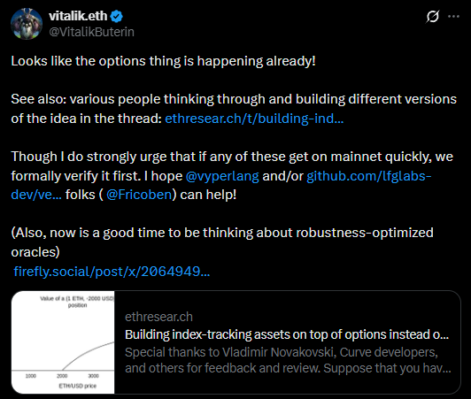 BlockLore_'s tweet photo. Ethereum developers are testing options-based synthetic assets that track indexes without debt positions or liquidation risk. The model aims to reduce volatility-driven DeFi stress while expanding index exposure. https://t.co/n183fDEgBO