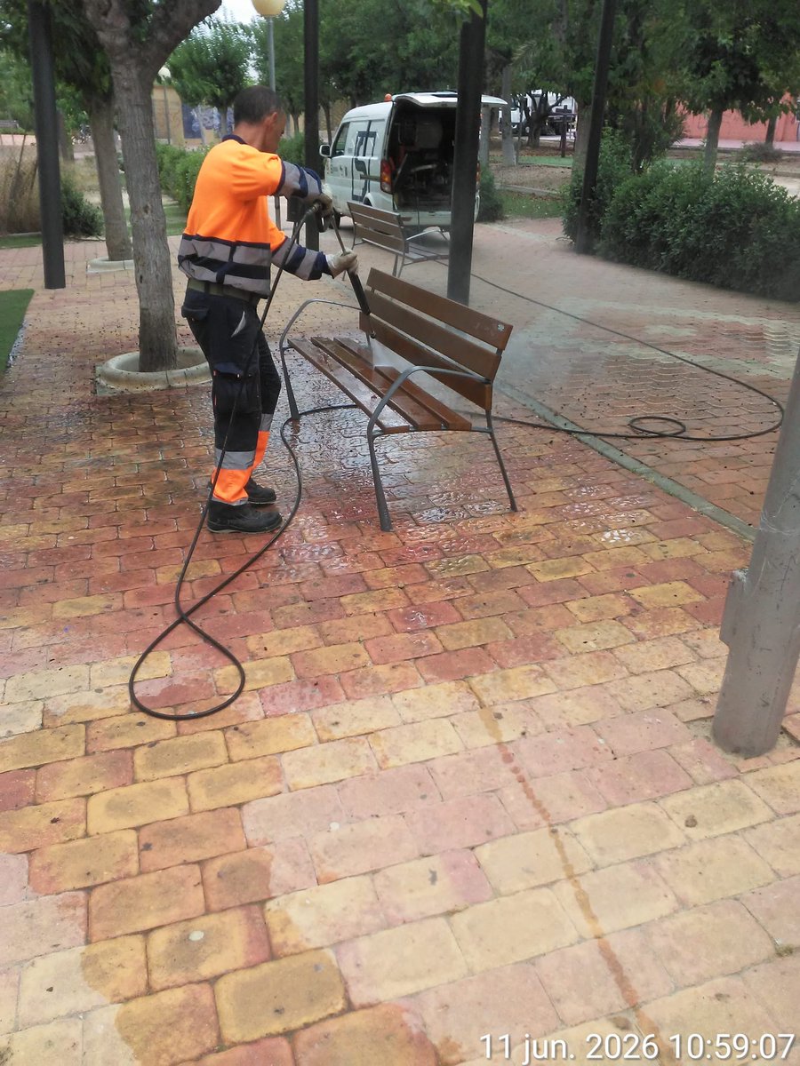 SercomosaN's tweet photo. 🌳✨ Nuestros equipos de jardinería siguen trabajando para mantener la ciudad en las mejores condiciones.

🧹 Entre otras tareas, están realizando labores de limpieza para eliminar las manchas provocadas por la caída de moras de los árboles en distintos puntos del municipio, actuando sobre pavimentos y mobiliario urbano.

💪 Un trabajo constante y comprometido que contribuye a conservar los espacios públicos.

#ServicioDeJardinería #CuidadoDeParquesYJardines #MolinaDeSegura #EspaciosCuidados #TrabajoEnEquipo