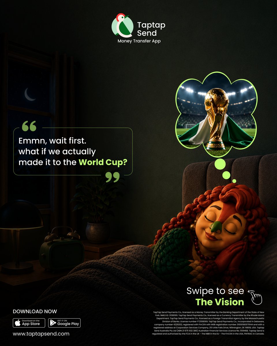 taptapsendng's tweet photo. Antie Piopio went to sleep last night and woke up as a World Champion. 😭🦅

Honestly, if we were at the World Cup this year, you can’t tell us this isn't exactly how it would go down.
Which slide is your favorite part of the dream? 👇🏾

#WorldCup2026 #SuperEagles #TaptapSend https://t.co/DD7b0KgyKM
