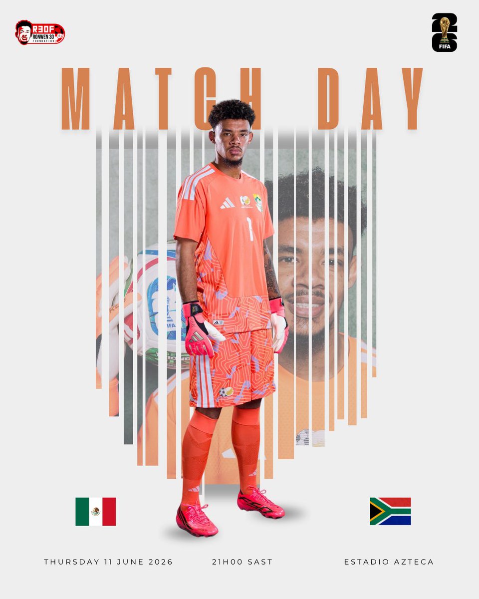 R30FOUNDATION's tweet photo. Match Day. 🇿🇦⚽️

Tonight, our founder Ronwen Williams captains South Africa at his first FIFA World Cup.

A dream realised. 
A nation behind him. ❤️🇿🇦

Good luck to Ronwen and the boys.

#R30F #YourDreamsAreValid #DreamsToTheWorldCup #FWC2026 https://t.co/npLuU6j5qa