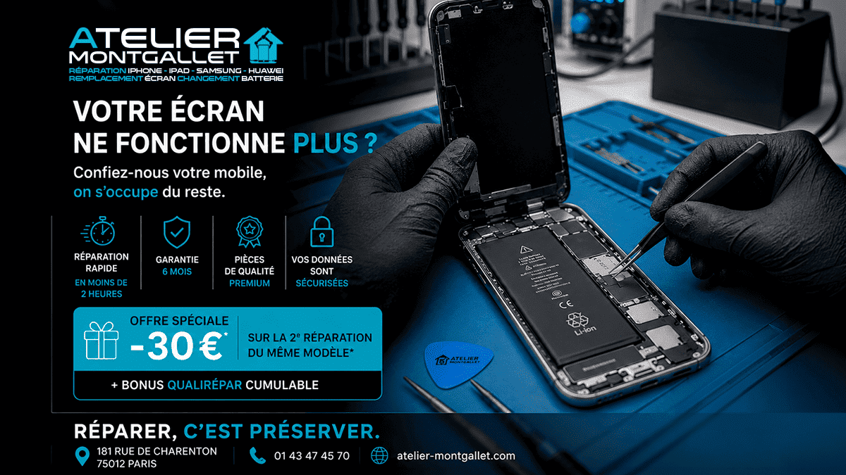 ATMontgallet's tweet photo. -30 € sur la 2ᵉ réparation du même modèle. Bonus QualiRéPar cumulable.

Écran iPhone cassé, batterie usée ou vitre arrière fissurée ?

Chez Atelier Montgallet, nous réparons rapidement votre téléphone, souvent en moins de 2h.

#RéparationiPhone #Paris12 #AtelierMontgallet https://t.co/nH1tameuYO