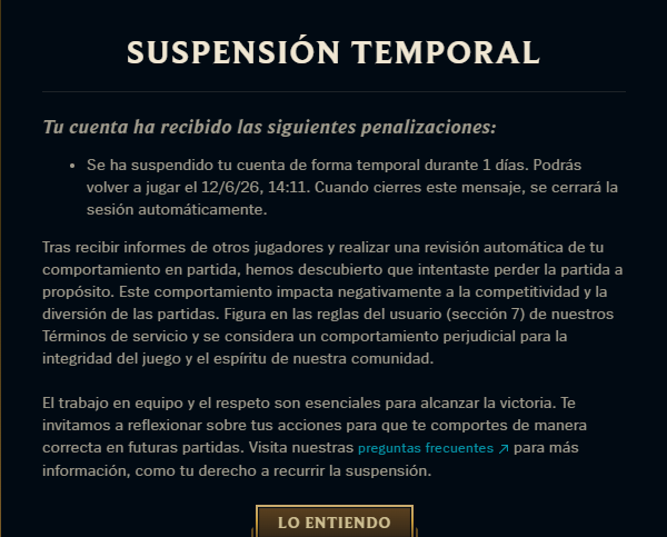 ivanlovehouse's tweet photo. Ahora resulta que tengo una mala partida probando un rol y campeón diferente y me suspenden la cuenta, pero el retrasado que se va a dar vueltas por el mapa y queda peor que yo no le pasa nada.
Muchas gracias Riot, hijos de la gran puta. https://t.co/lcEH6gnlgC
