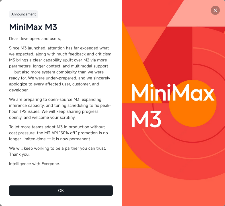 emilstridell's tweet photo. @MiniMax_AI M3 price now officially permanently the same price as M2.x series.  Half off, permanently. https://t.co/NKfExsgNVq